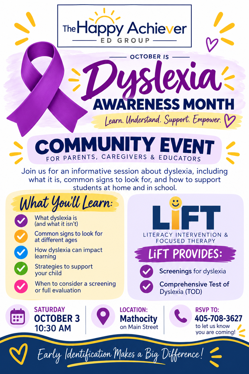 Dyslexia Awareness Month Community Event — Saturday October 3 at 10:30 AM at Mathocity on Main Street. RSVP: 405-708-3627